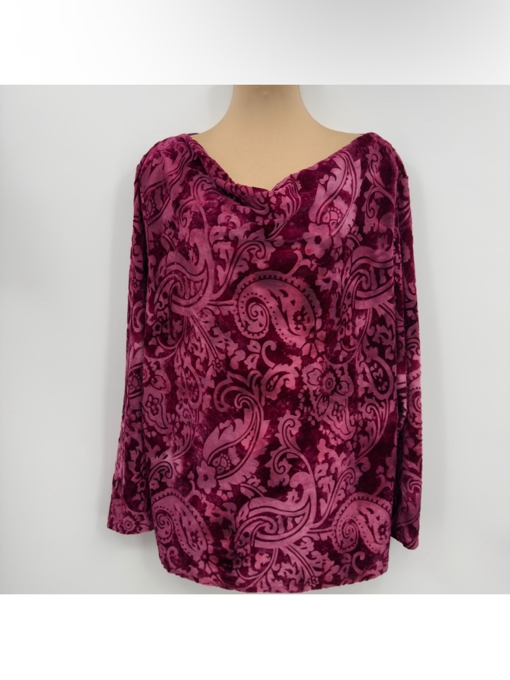 Vintage Magenta Velvet Burnout Paisley Cowl Neck Witchy Vamp Whimsigoth Blouse
